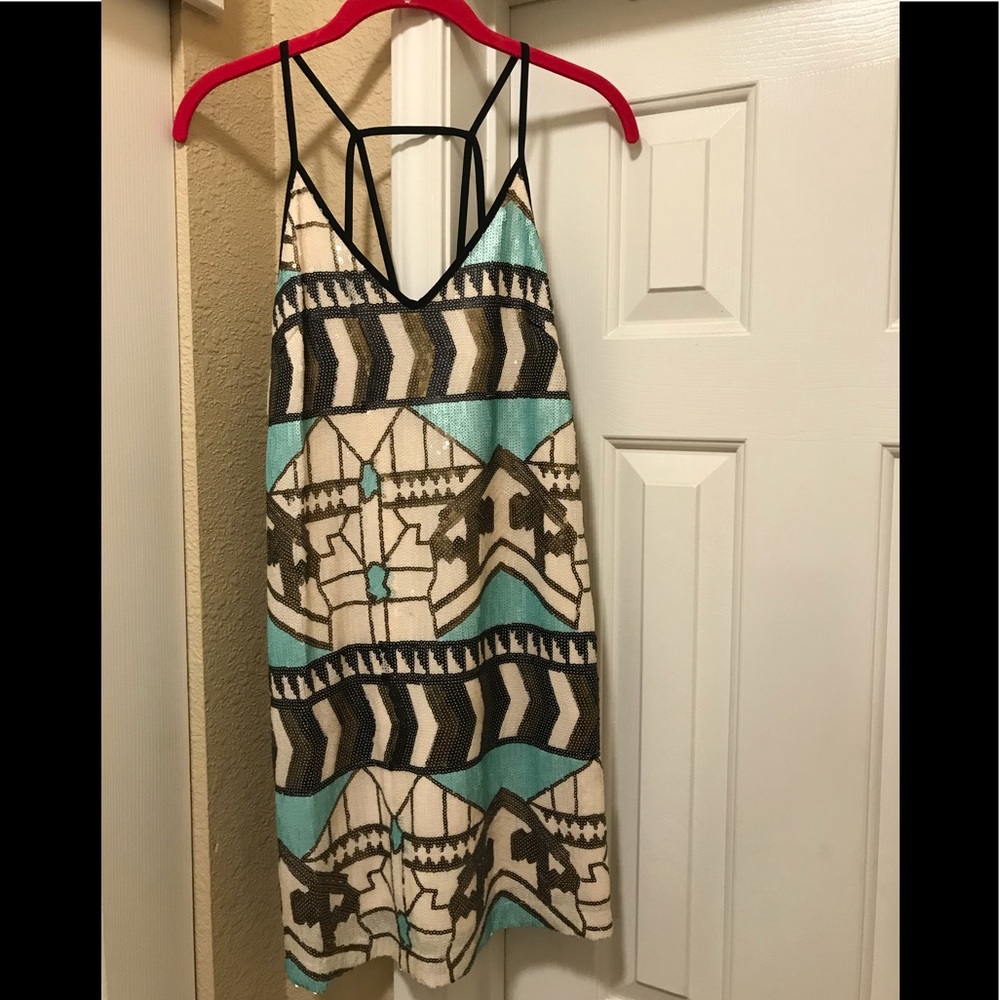 Lush turquoise,gold,cream sequence strappy dress